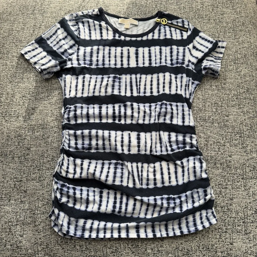Michael Kors Women's Medium Tie Dye Top Cotton Ruched Gold Zip Stretch Shirt Tee